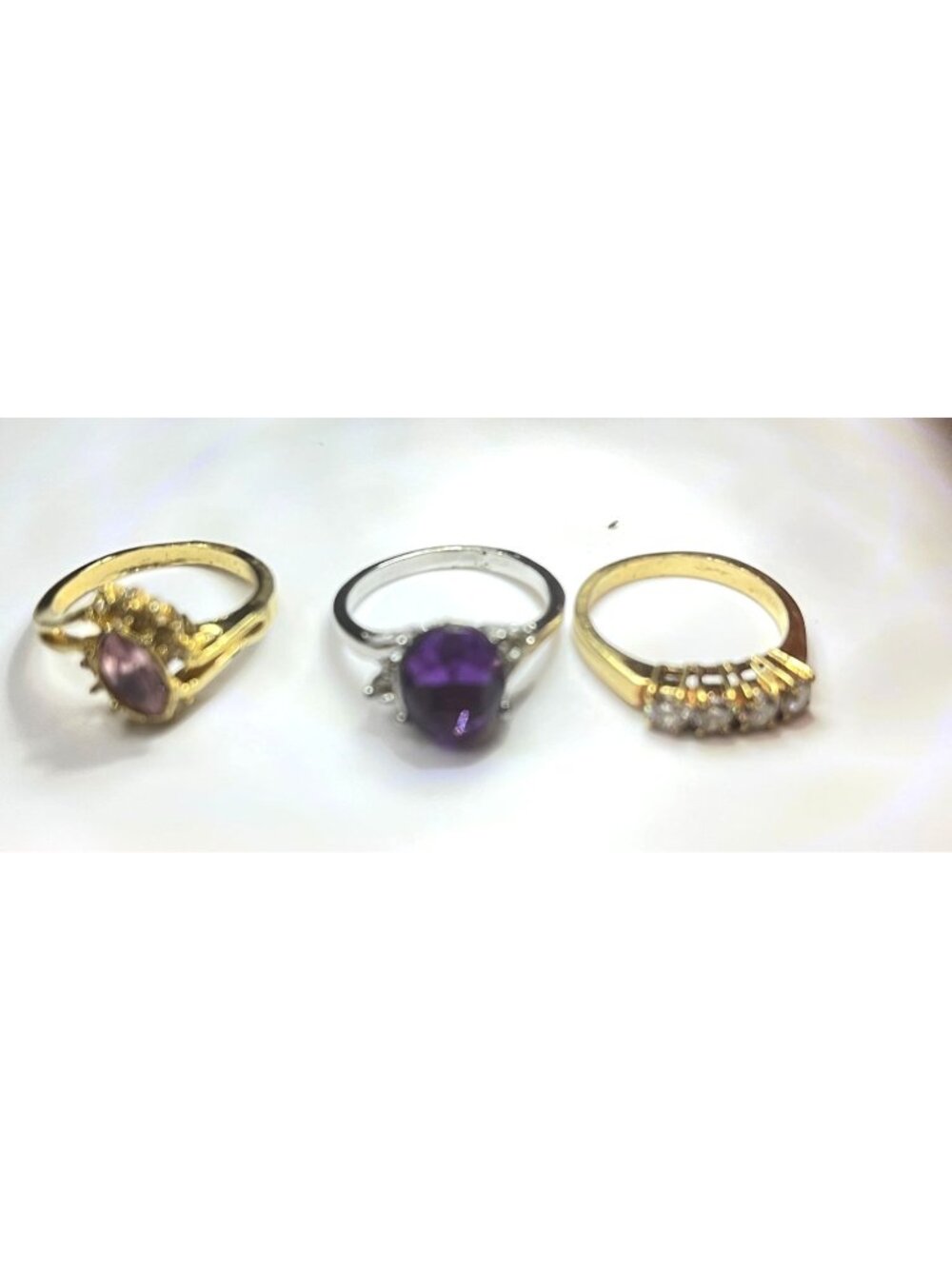 Vintage 80s Gold-Tone Costume Ring Trio Emerald Green Ruby Red Clear Solitaire 6